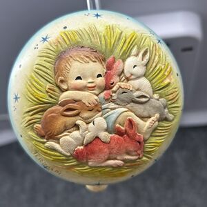 Vintage Anri Ferrandiz Pull String Baby Music Box Lullaby Baby Boy Bunnies Italy